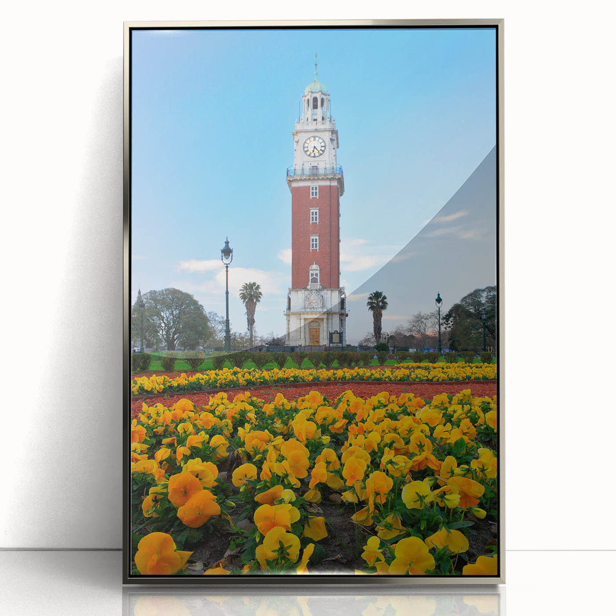 Mid-century modernist art of Buenos Aires skyline in muted pastel shades on a silver-framed acrylic.
