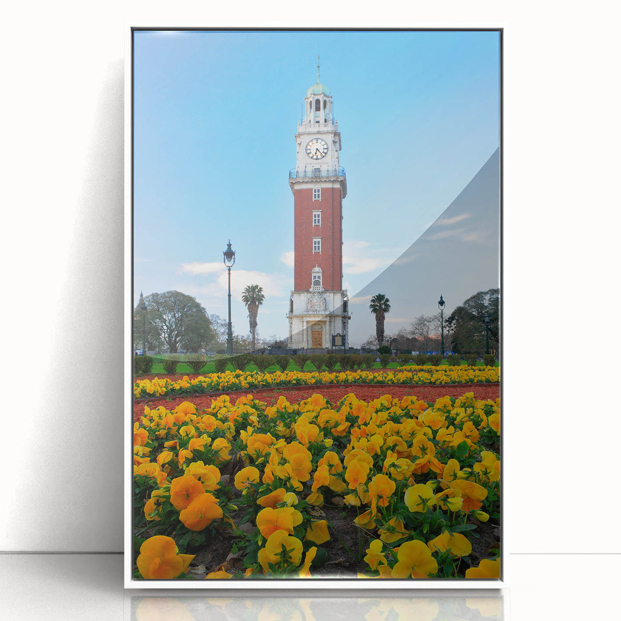 Acrylic print of Buenos Aires skyline in art deco style with pastel blue and white palette.