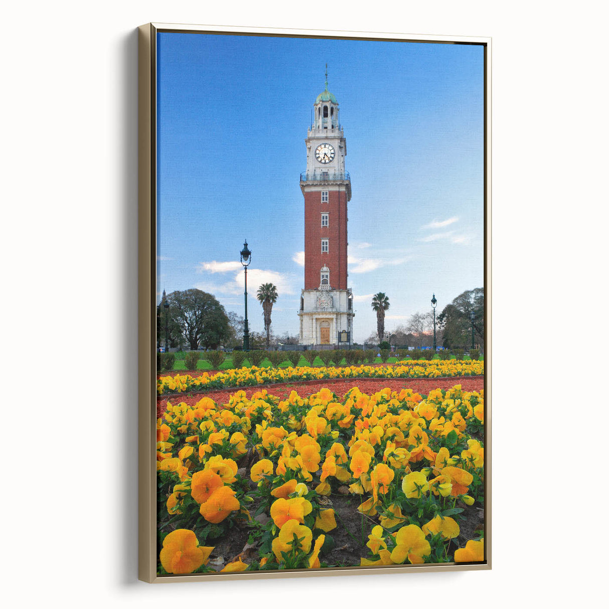 Framed canvas featuring a vintage-style landscape painting of Buenos Aires in black and gold tones.