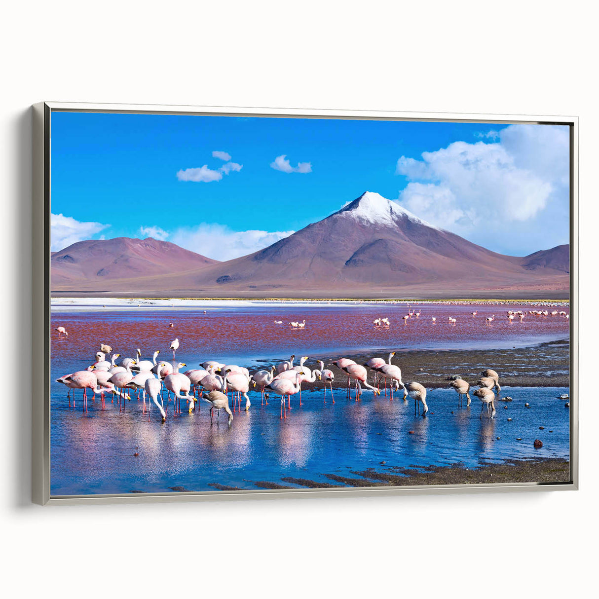 Landscape art painting of a Bolivian scenery on a silver-framed canvas, featuring vivid colors with black accents.