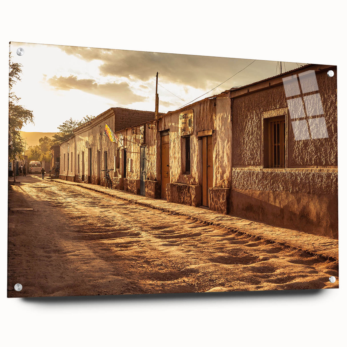 Acrylic print of Santiago skyline in muted earth tones, ideal for dining room decor.