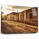 Acrylic print of Santiago skyline in muted earth tones, ideal for dining room decor.