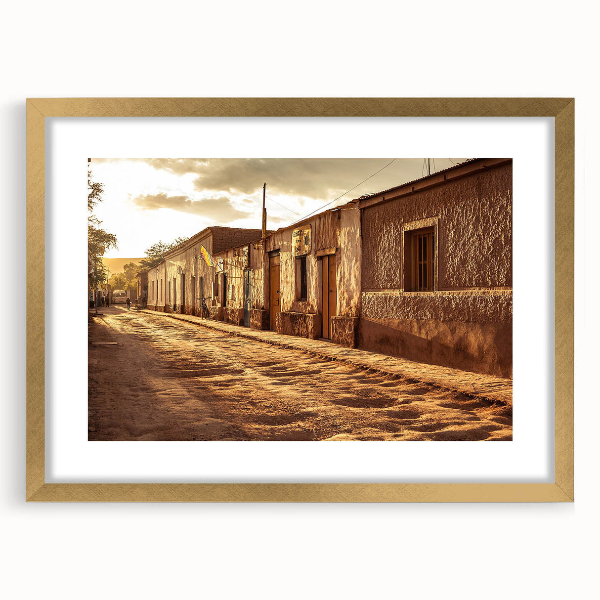Extra large textured abstract art print of Santiago skyline in gold frame, ideal for living room decor.