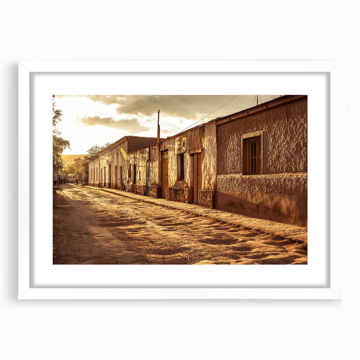 Abstract art print of Santiago skyline in muted earth tones on a framed white mat, ideal for dining room decor.