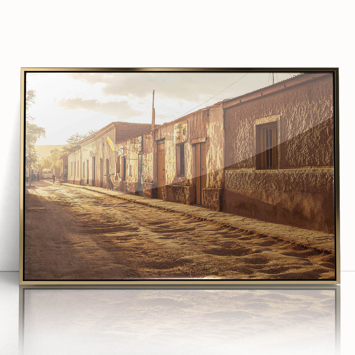Framed acrylic print of Santiago, Chile with mid-century modernist style in muted earth tones.