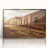 Framed acrylic print of Santiago, Chile with mid-century modernist style in muted earth tones.