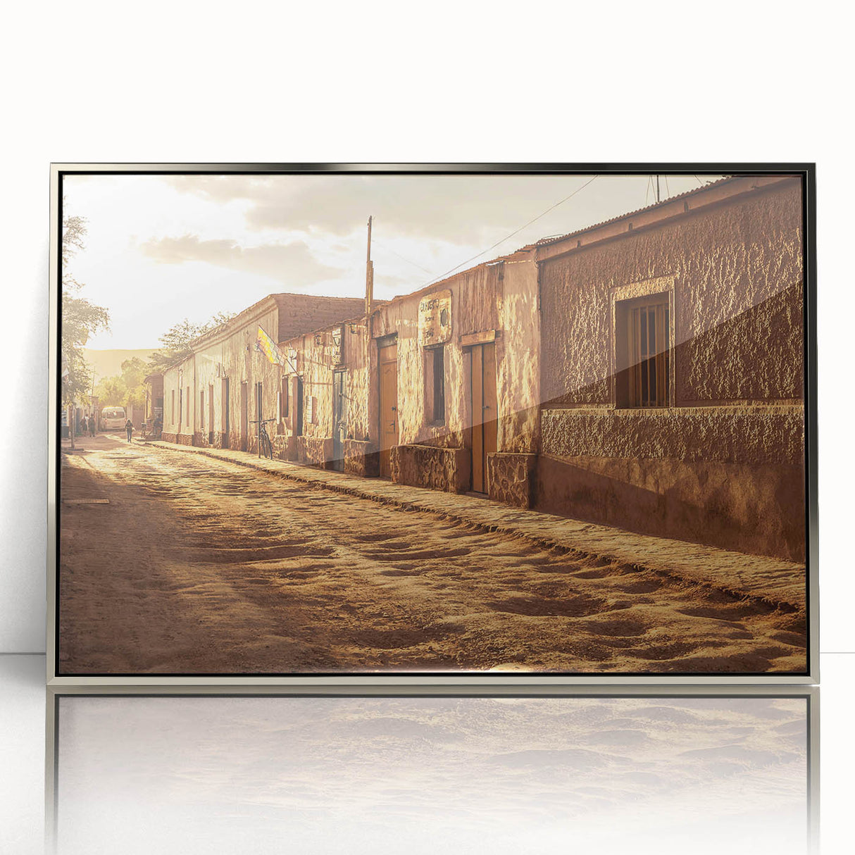 Mid-century modernist art of Santiago, Chile skyline in muted earth tones on a framed acrylic print.