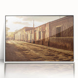Acrylic print of Santiago, Chile skyline in muted gray and blue tones, framed in white, suitable for modern art wall decor.