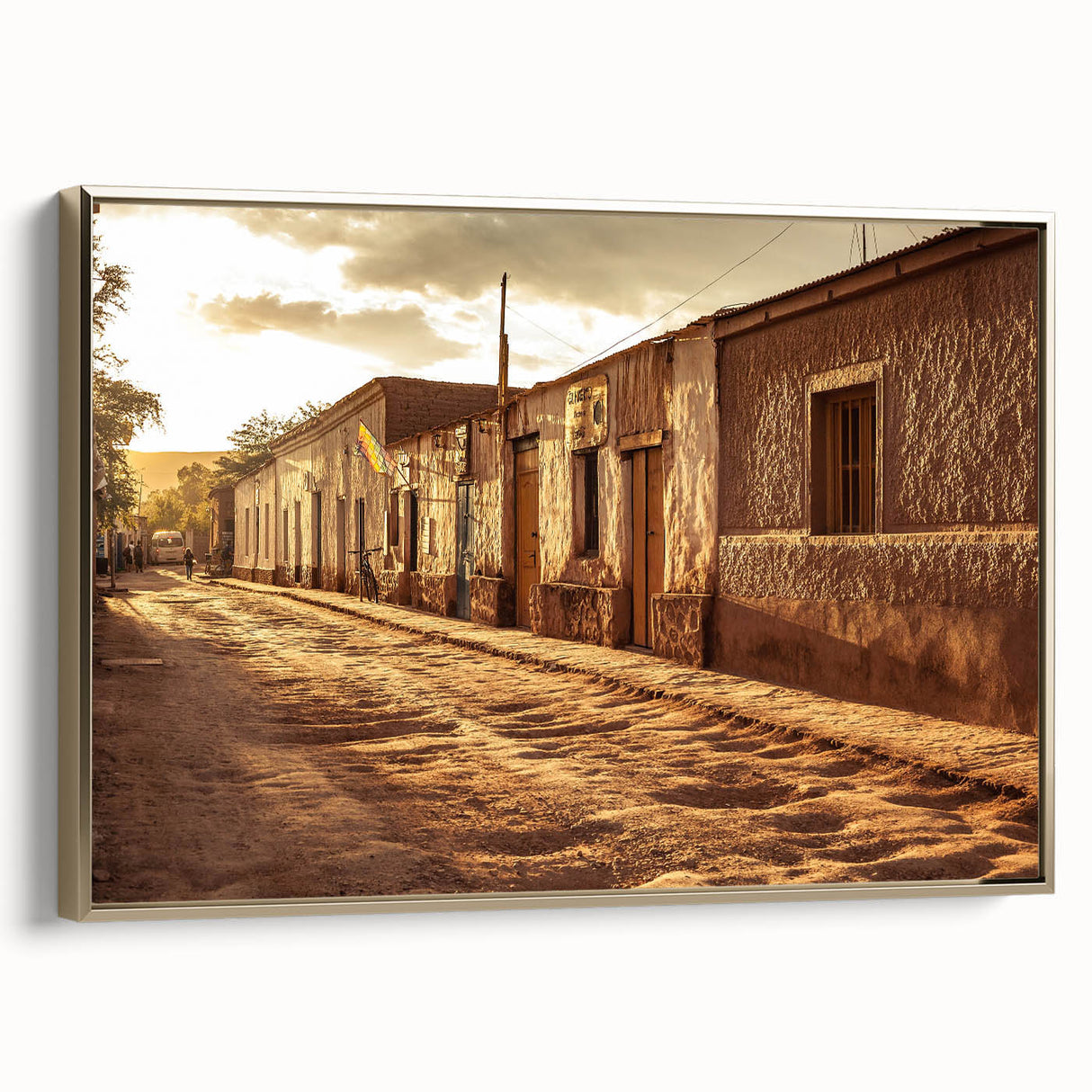Framed canvas wall art featuring a vintage-style landscape painting of Santiago, Chile, in black and gold tones.
