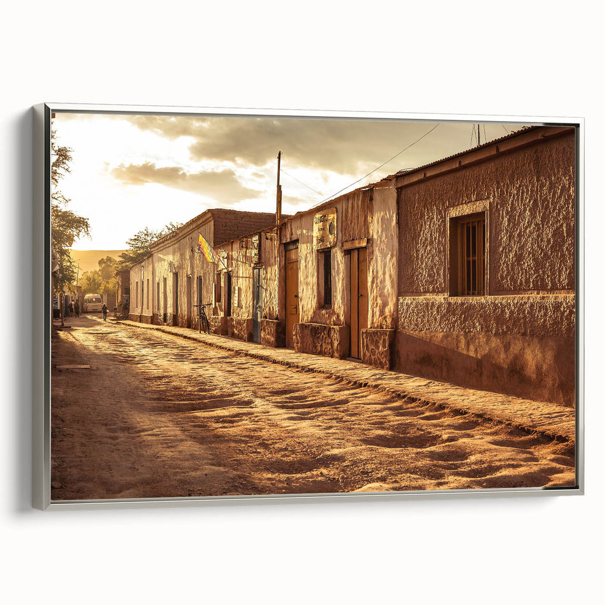 Framed canvas featuring a vintage-style landscape painting of Santiago, Chile with muted earth tones.