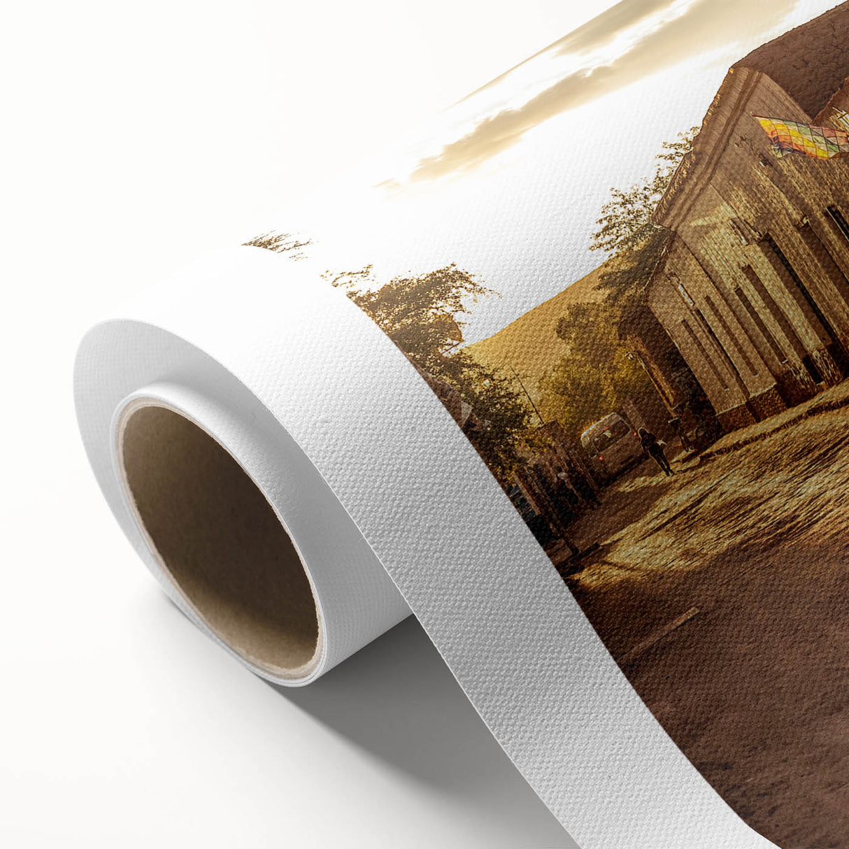 Art deco poster of Santiago, Chile skyline in pastel shades on rolled canvas, ideal for nursery wall art.