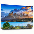 Large abstract wall art of a South American scenery in vibrant blues and greens on acrylic glass.