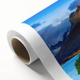 Art deco poster of a Chilean landscape in muted greens and blues on rolled canvas, ideal for nursery wall art.