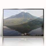 Mid-century modernist art depicting a serene Ecuadorian landscape in muted earth tones, framed in silver acrylic.