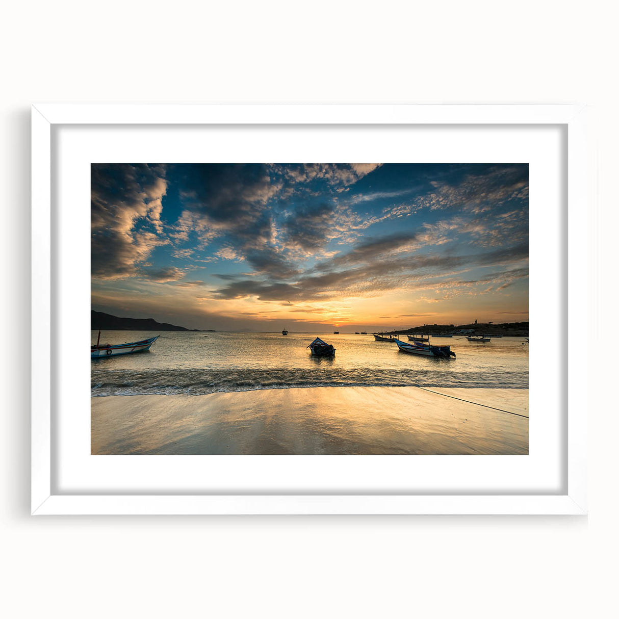 Abstract art print of a South American landscape in muted earth tones on a framed white mat, ideal for dining room decor.
