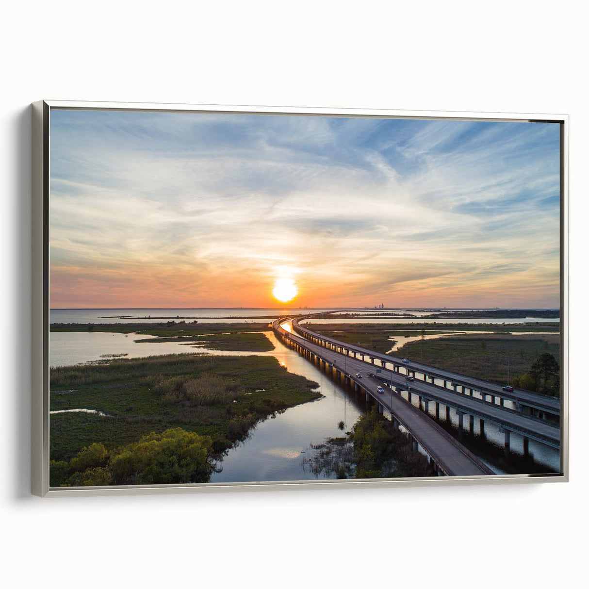 Framed canvas featuring a vintage-style landscape painting of an Alabama scene with colorful art and black borders.