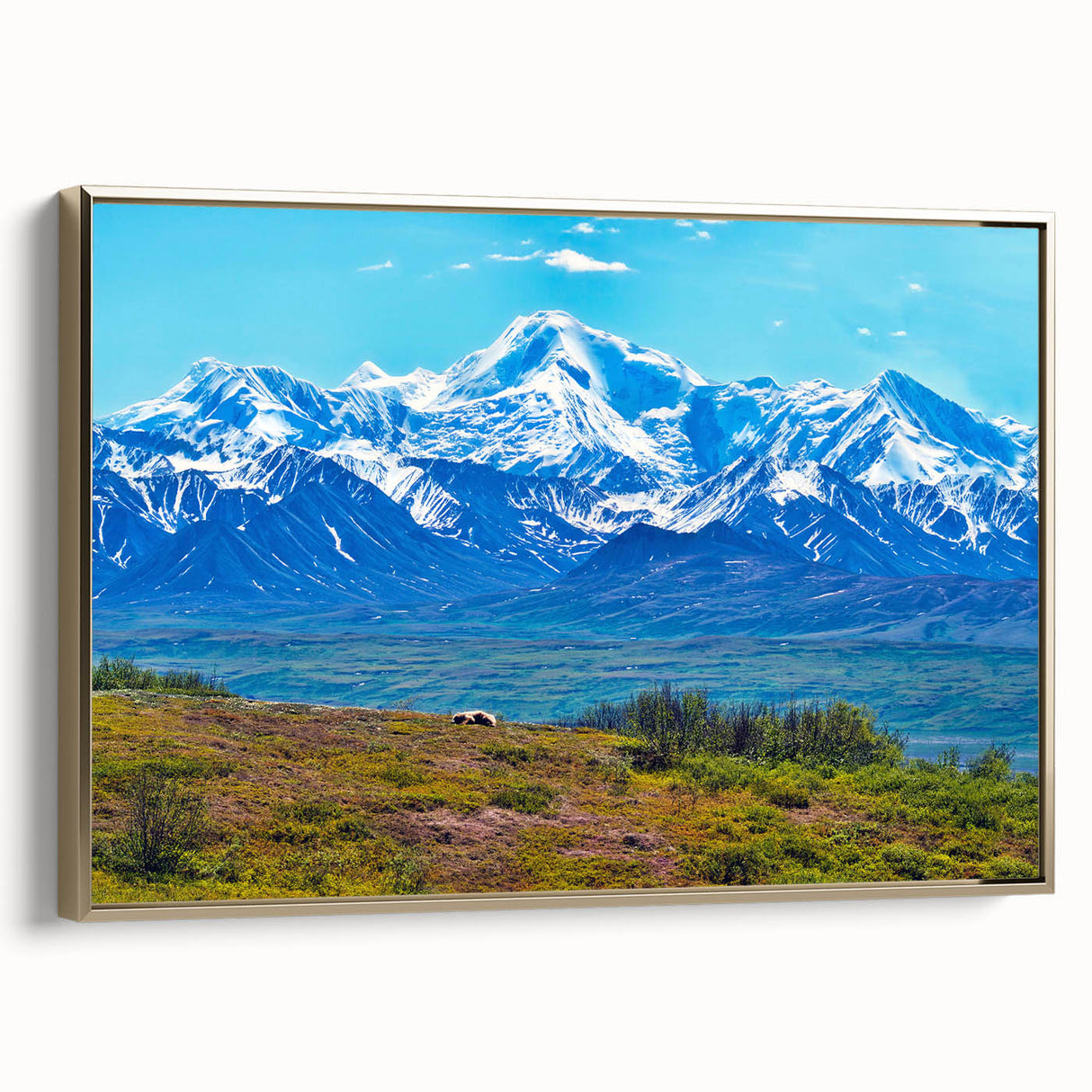 Framed canvas of Denali landscape in Alaska, featuring muted earth tones, ideal for bedroom wall art.