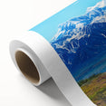 Art deco poster of Denali, Alaska in muted earth tones on rolled canvas, ideal for nursery wall art.