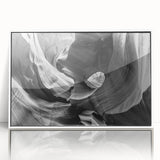 Art deco style poster of Antelope Canyon in Arizona on a white framed acrylic, with earthy red and orange tones.