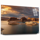 Acrylic print of Lake Powell with vibrant blue and orange hues, suitable for bedroom or dining room decor.
