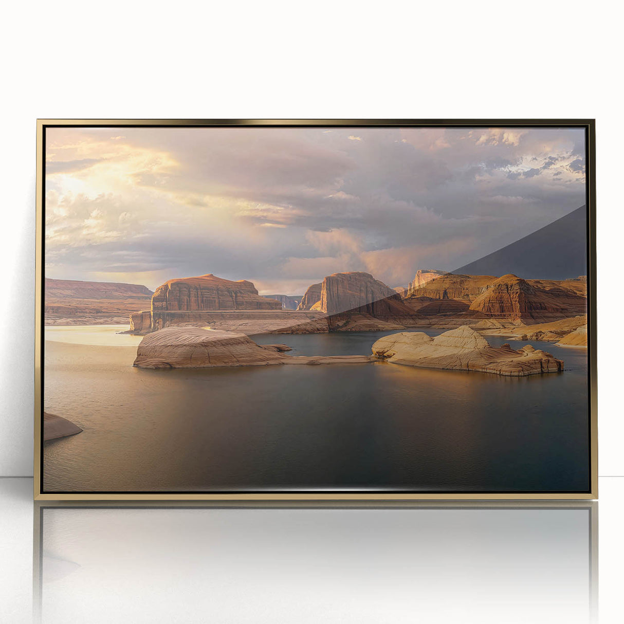 Framed acrylic print of Lake Powell with golden hues and mid-century modernist style, ideal for modern art wall decor.