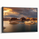 Black and white framed canvas of Lake Powell, Arizona, in a vintage poster style, suitable for bedroom wall decor.