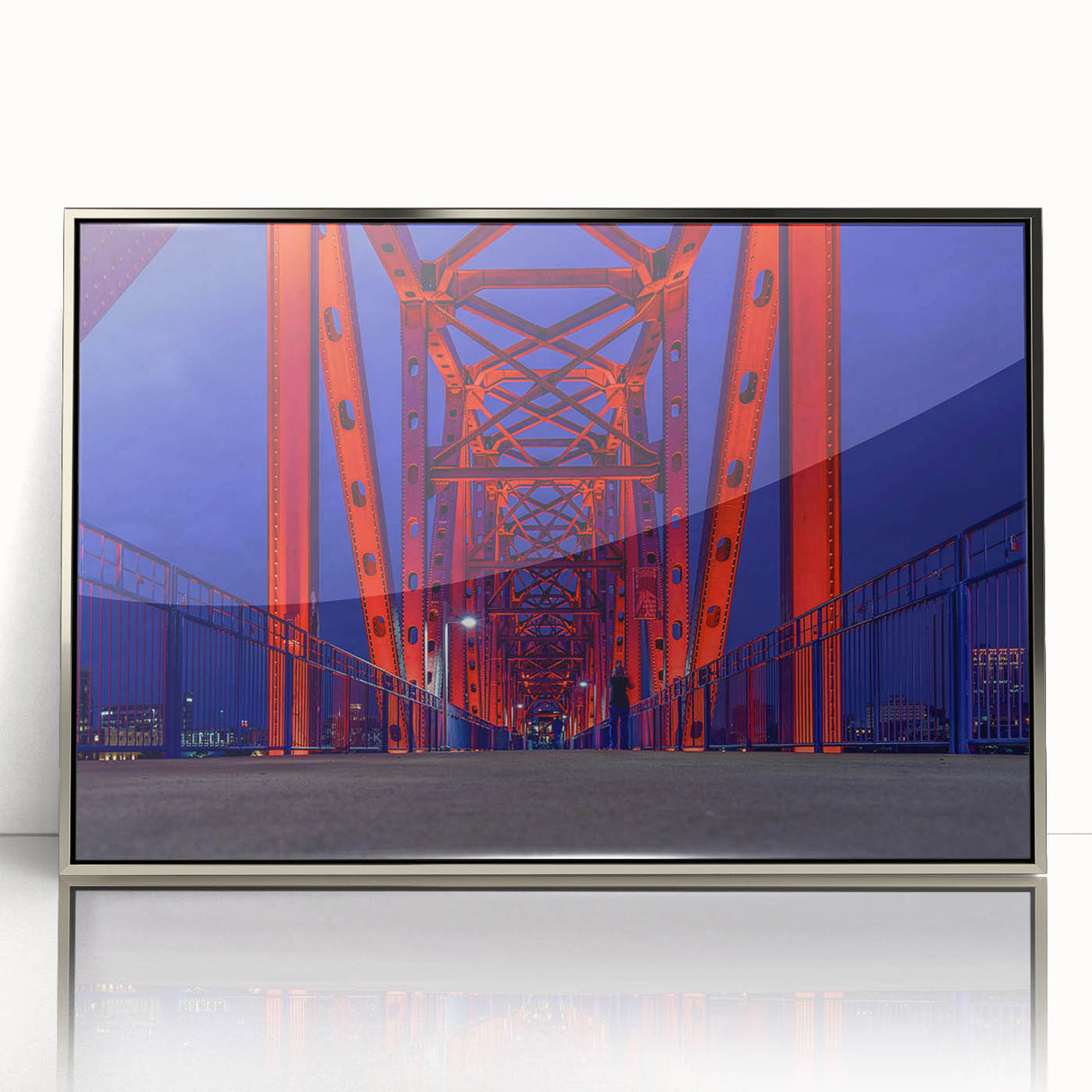 Mid-century modernist art depicting Arkansas scenery in muted earth tones on a silver-framed acrylic print.