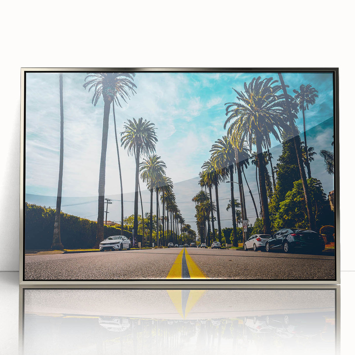 Mid-century modernist art depicting Beverly Hills scenery in muted blue and silver tones on framed acrylic.