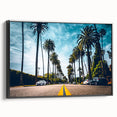 Black and white wall art featuring a vintage poster style landscape of Beverly Hills on a framed canvas.