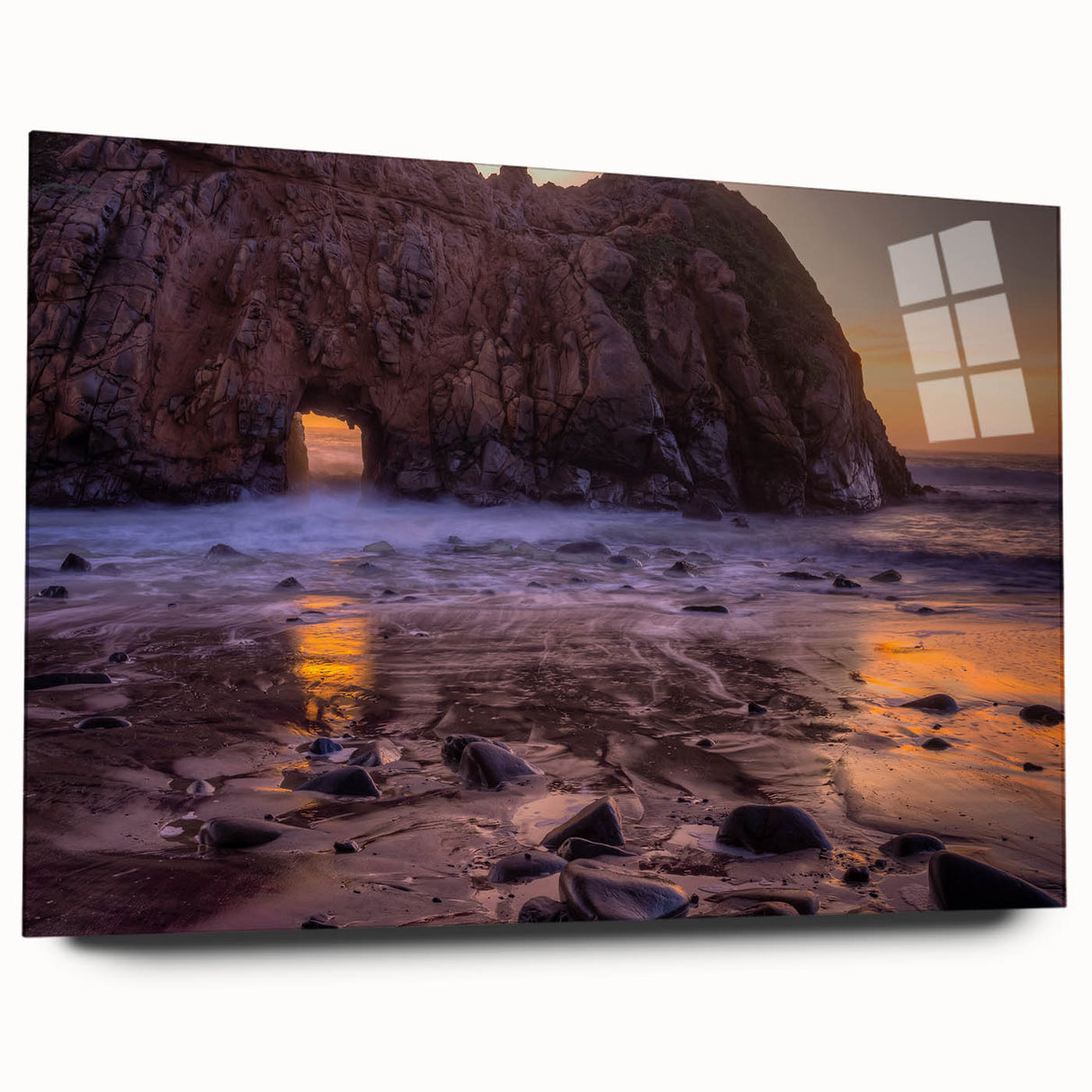 Acrylic print of Big Sur coastline in muted blue and green tones, suitable for bedroom or dining room decor.