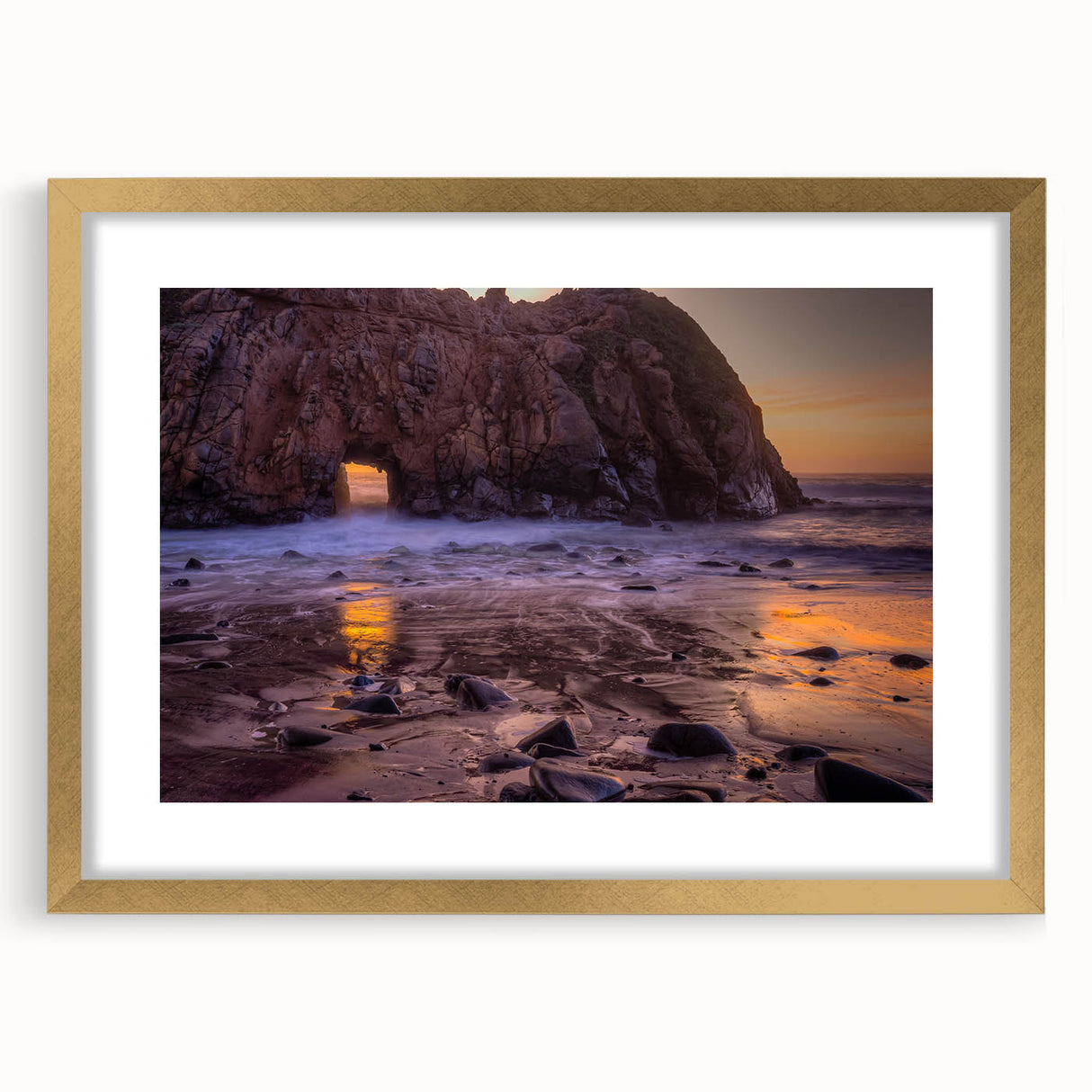 Extra large abstract art print of California's Big Sur in textured style, with muted earth tones, framed in gold.
