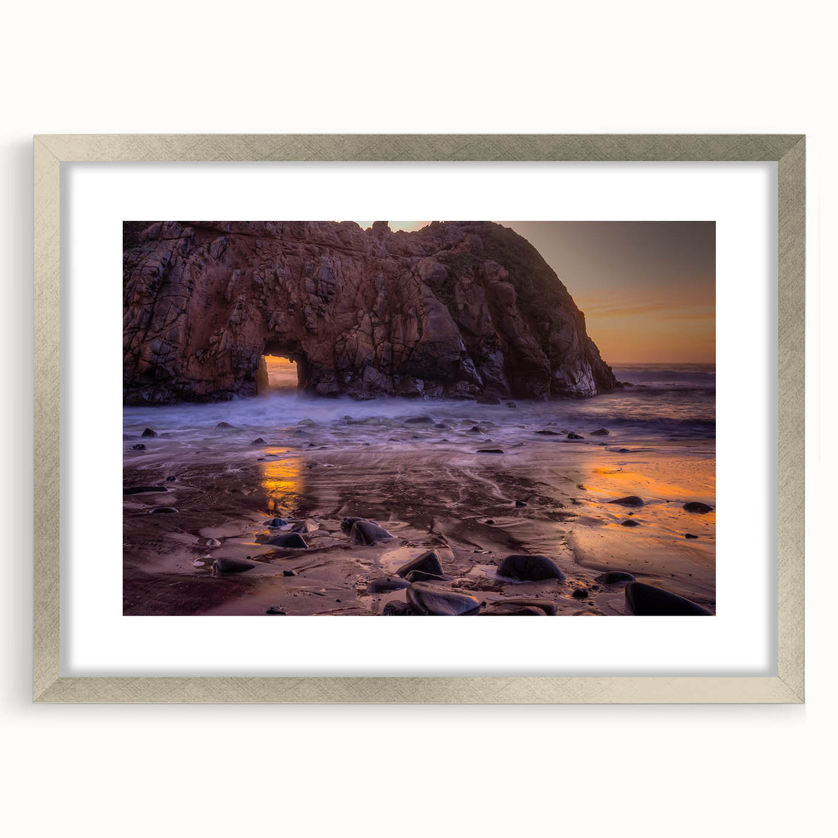 Textured art print of Big Sur, California in muted earth tones on a framed canvas, suitable for bedroom decor.