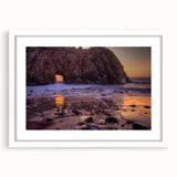 Abstract art print of Big Sur coastline in muted blue and green tones, framed with a white mat.
