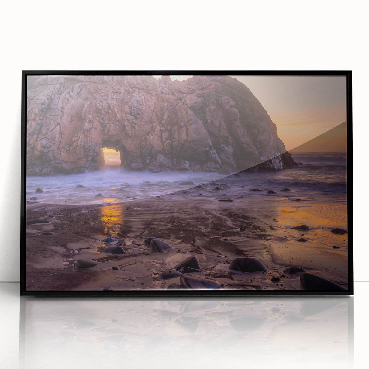 Large abstract wall art featuring a stylized Big Sur landscape in muted earth tones on a framed acrylic.