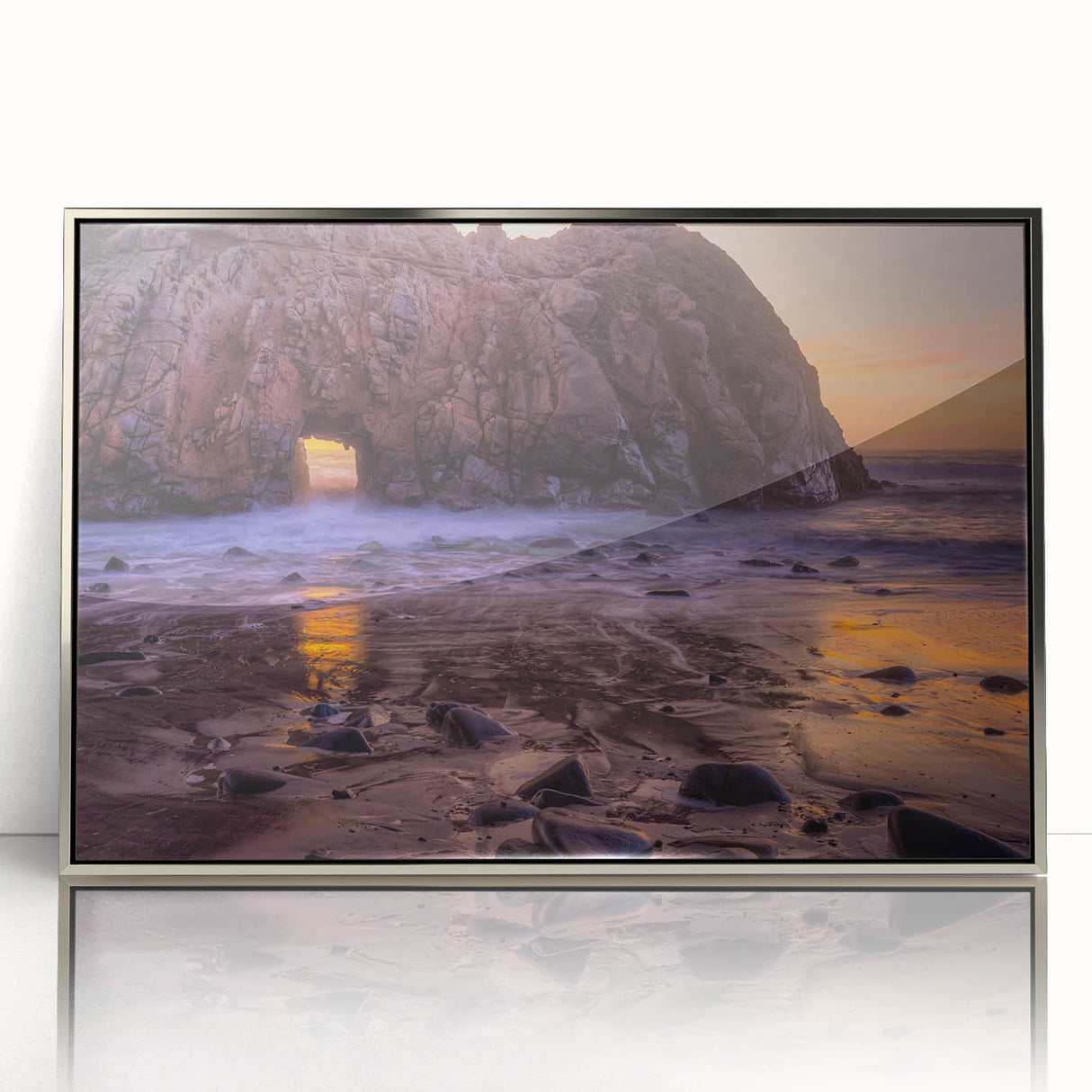 Mid-century modernist art depicting the Big Sur coastline in muted earth tones on a framed acrylic print.
