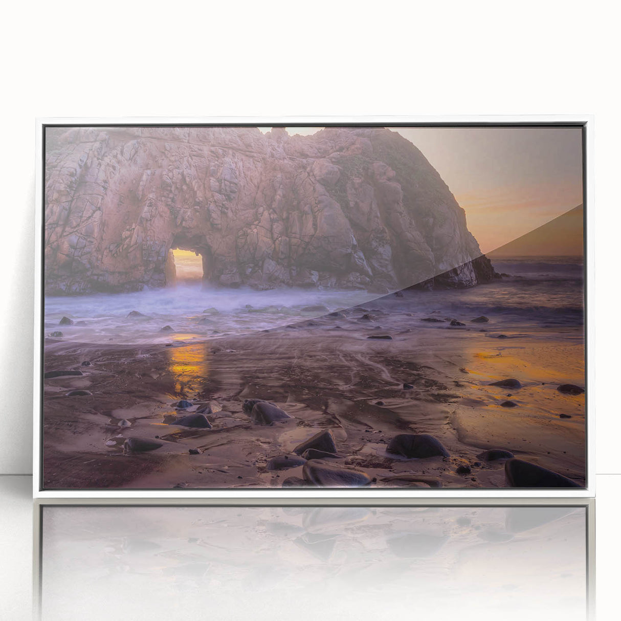 Acrylic print of Big Sur coastline with soft blue and white tones in an art deco style, ideal for modern nursery wall decor.