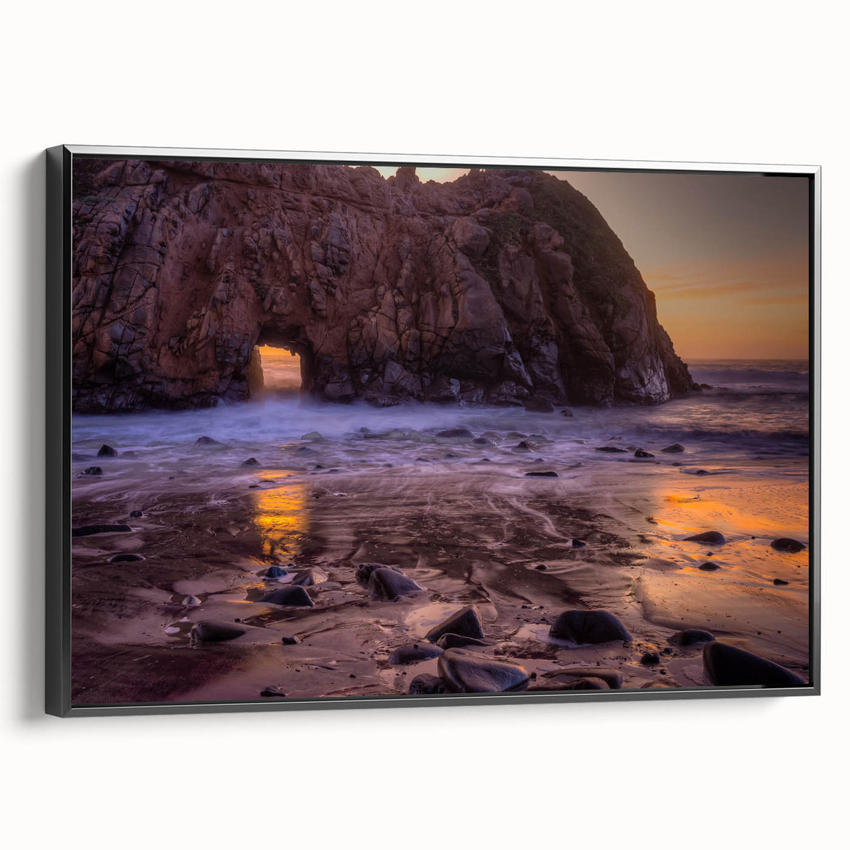 Black and white wall art featuring a vintage-style landscape of Big Sur on a framed canvas, suitable for bedroom decor.