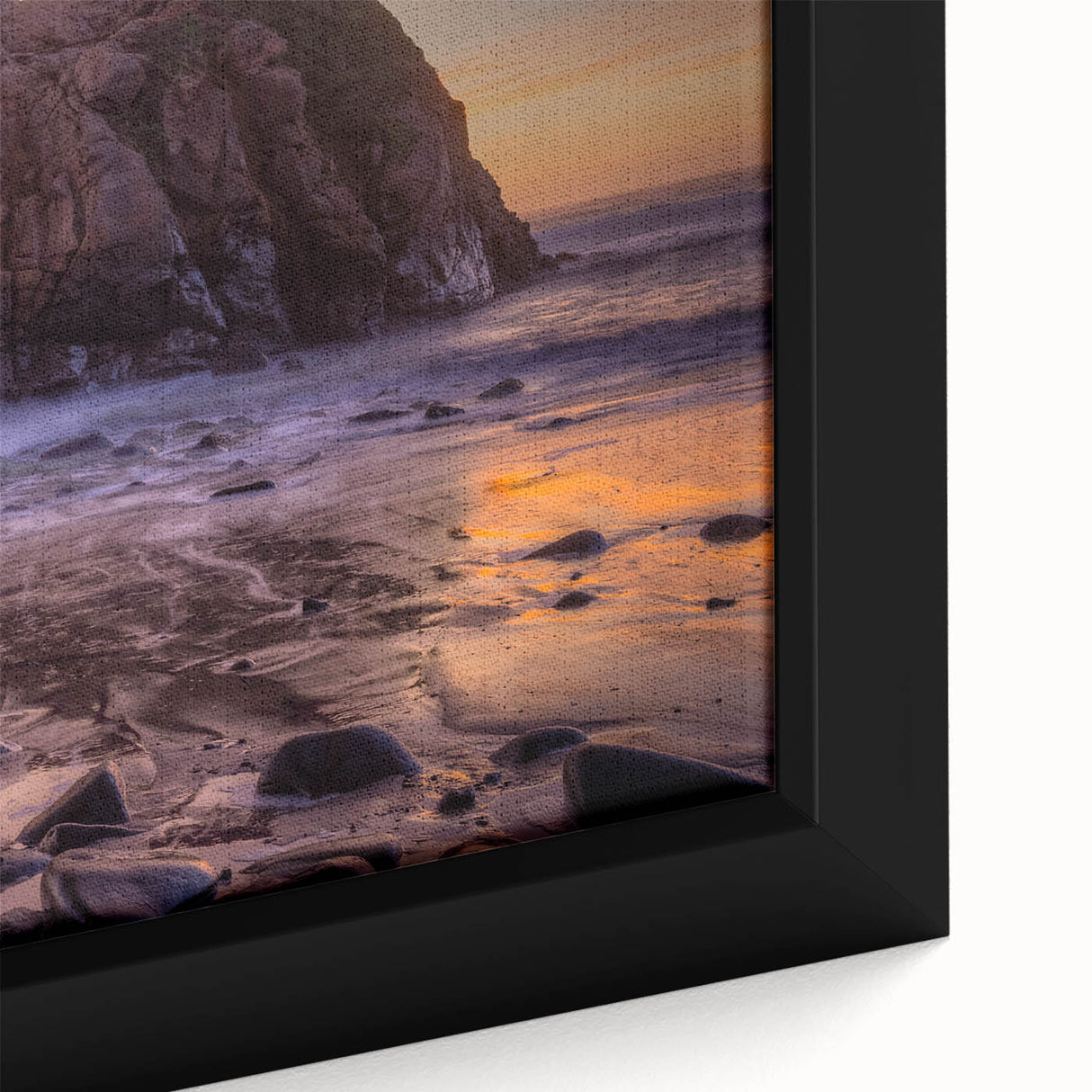 Extra large framed canvas of Big Sur coastline in black with colorful, textured art details, ideal for living room decor.