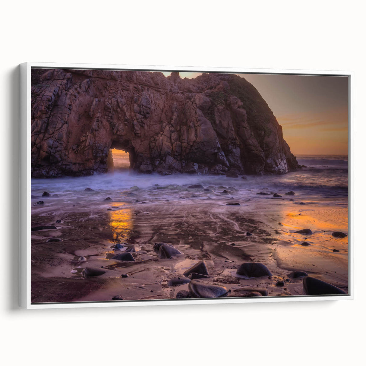 Vintage poster art of Big Sur, California in vibrant colors on a large framed canvas, suited for living room decor.