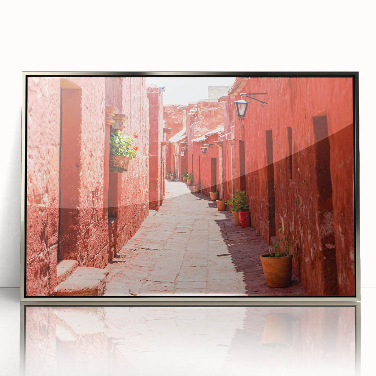 Mid-century modernist art featuring the Catalina, California scenery on a silver-framed acrylic print.
