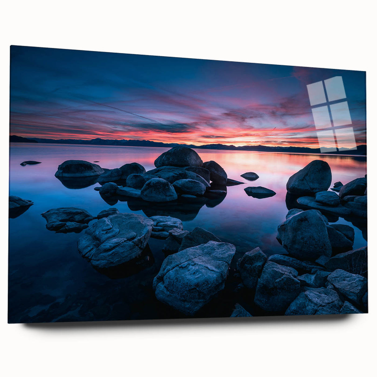 Large abstract depiction of Lake Tahoe in blue and green tones on acrylic glass, suitable for bedroom or dining room art.