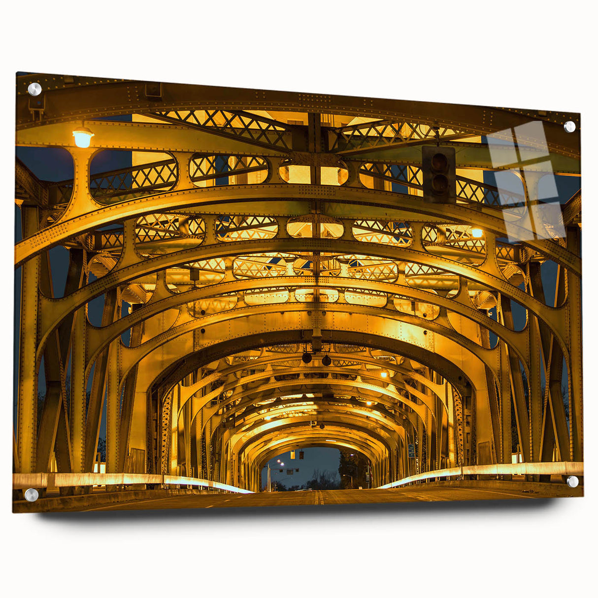 Acrylic print of a large abstract depiction of Sacramento scenery in muted earth tones.