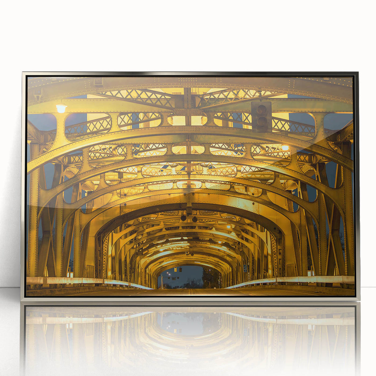 Mid-century modernist art depicting Sacramento scenery in acrylic, silver-framed, ideal for modern art wall decor.