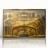 Mid-century modernist art depicting Sacramento scenery in acrylic, silver-framed, ideal for modern art wall decor.