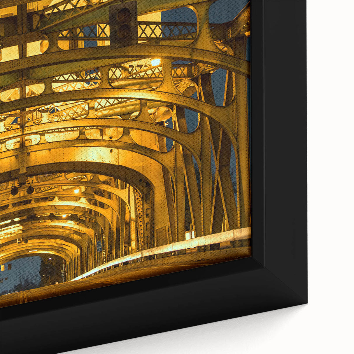 Framed canvas featuring a textured close-up of Sacramento scenery in black with colorful art accents.