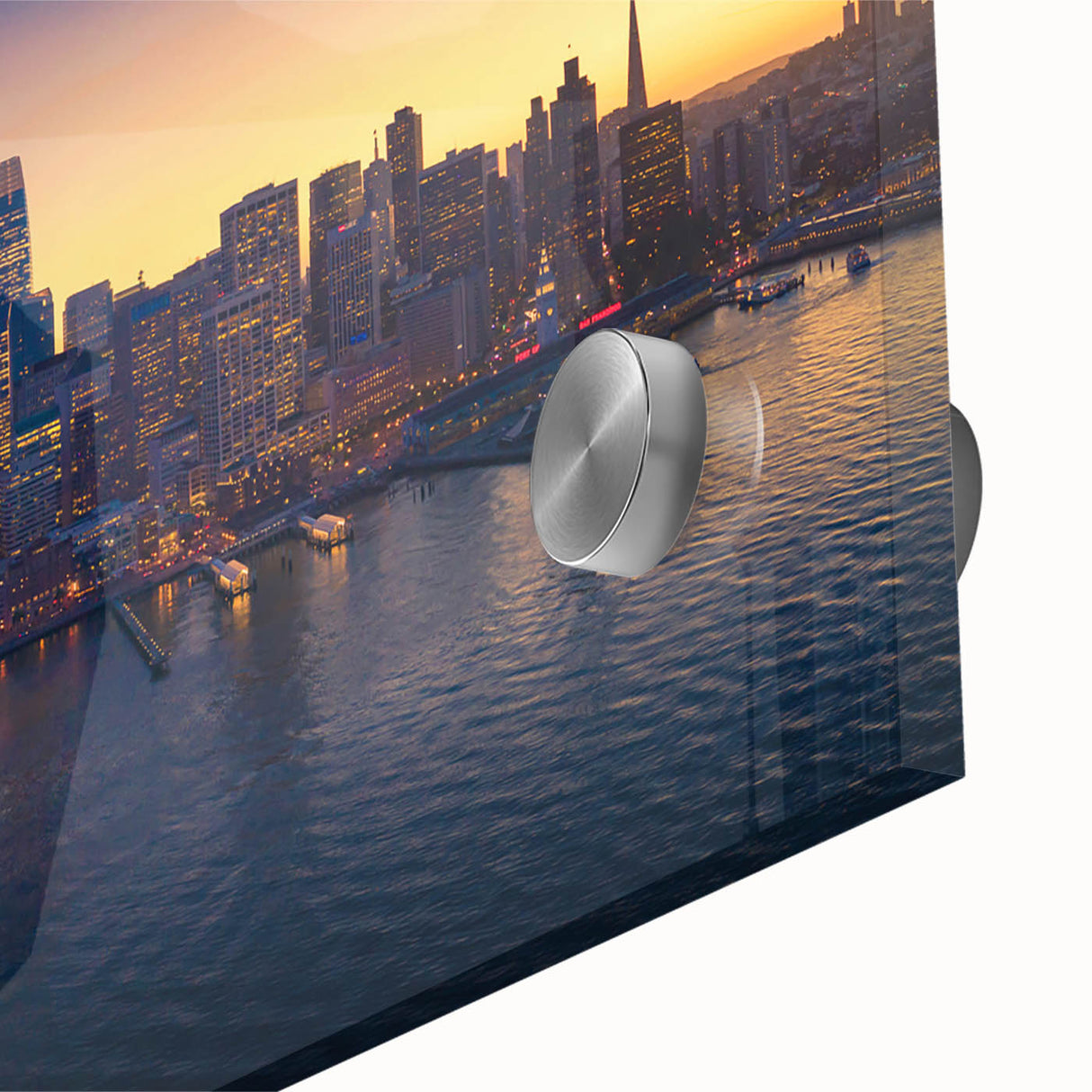 Large abstract depiction of San Francisco on acrylic glass, featuring blue and orange tones, ideal for dining room art.