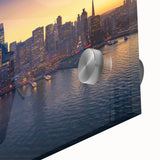 Large abstract depiction of San Francisco on acrylic glass, featuring blue and orange tones, ideal for dining room art.