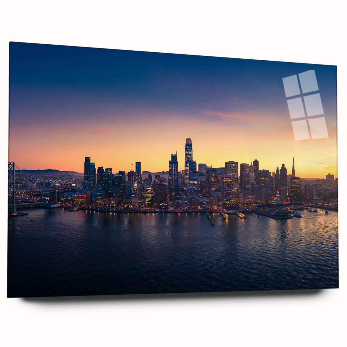 Large abstract depiction of San Francisco skyline in muted blue and gray tones on acrylic glass.