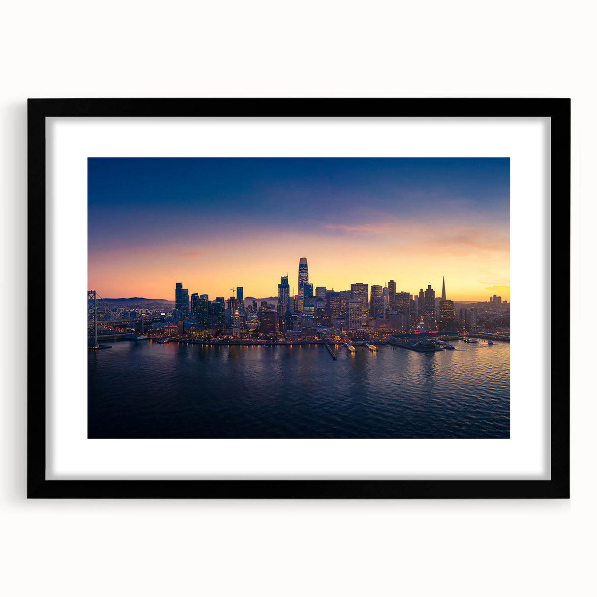 Extra large abstract art print of San Francisco skyline in vibrant, colorful tones on a black framed canvas.