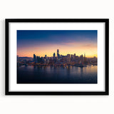 Extra large abstract art print of San Francisco skyline in vibrant, colorful tones on a black framed canvas.